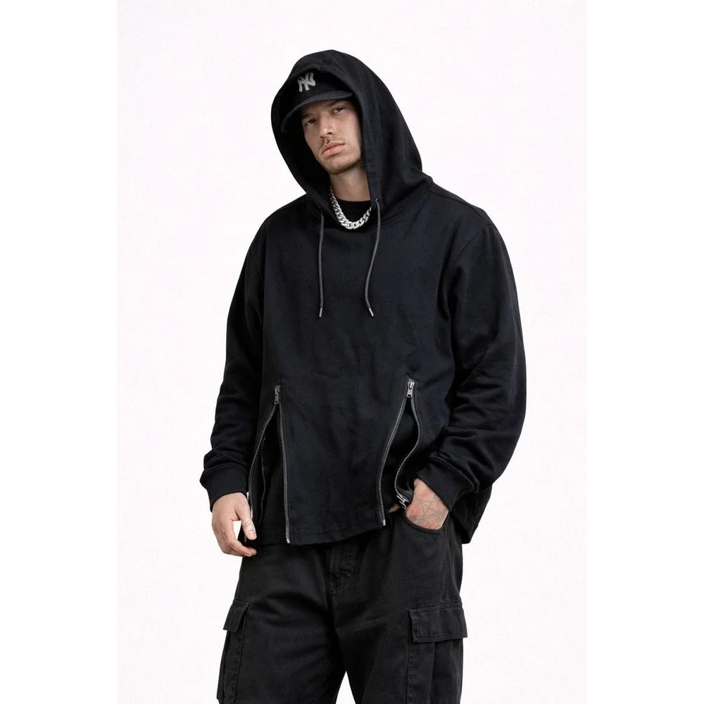 RIVER STONE Black Heavyweight Streetwear Hoodie Side Zip Vents Structured Fit XL